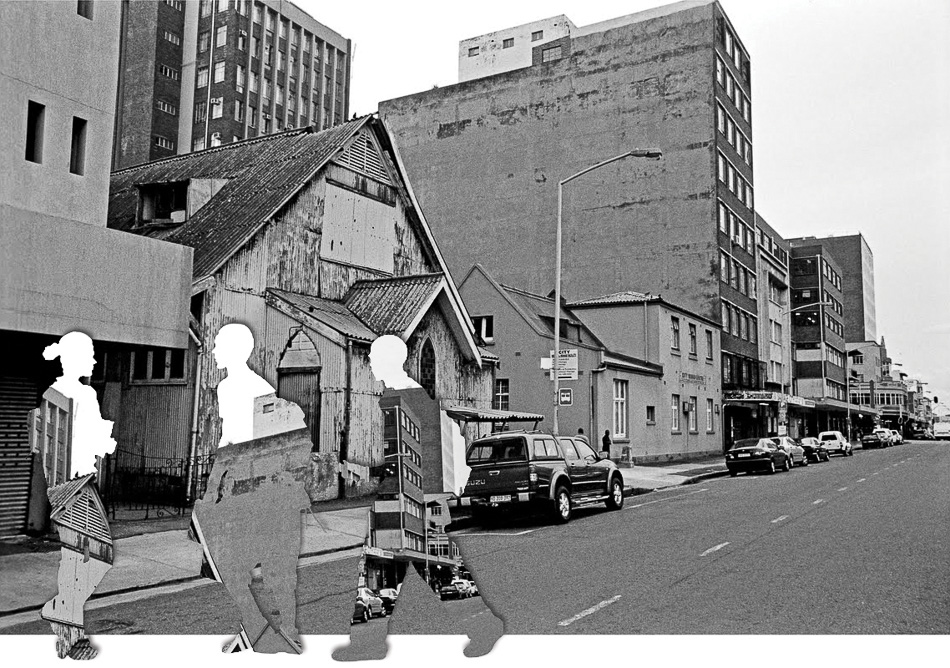 The United Congregational Church of Southern Africa (Ezihlabathini) at 90 Beatrice Street is featured second from the rightleft with the slanted roof; to its leftright is the since-demolished head office of Black Community Programmes and an office of the South African Students Organisation. Source: Durban Local History Museums 